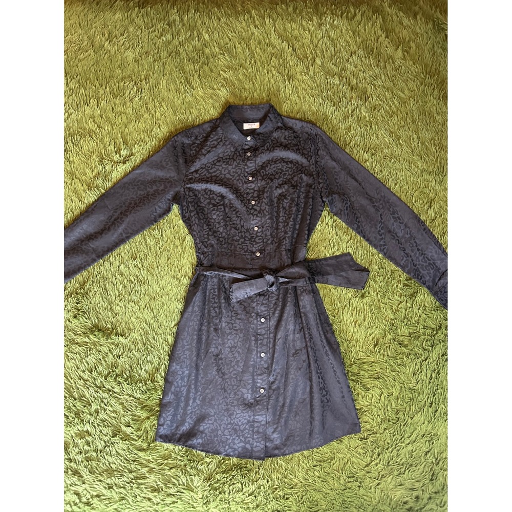 UNTUCKit Shirt Dress Women Size 4 Black Anna Leopard Jacquard Long Sleeve Belted
